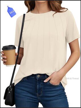 Short Sleeve Crewneck Tunic Top, Loose Fit Pleated Blouse, Polyester Rayon